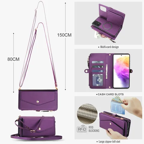 Funda Cartera Magnética Desmontable Negocios para Teléfono TPU Cuero Correa Cruzada Ranuras para Tarjetas Monedero Cremallera