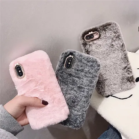 Cute Soft Plush Phone Case Protective Solid Color Back Cover Warm Fuzzy Phone Skin Rhinestone Camera Frame Bowknot Accents Shell
