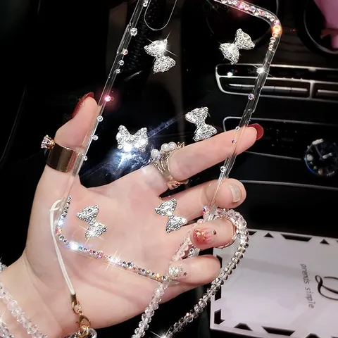 Coque de Téléphone Transparente en TPU Avec Nœud et Strass Avec Cordon Perlée Protection Complète Arrière de Luxe pour Femmes