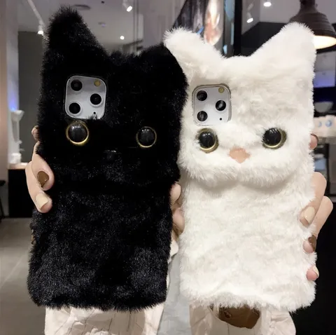 Cute Cat Plush Phone Case Soft Fluffy Back Cover Shockproof Protective Shell Decorative Phone Case for iPhone 15 14 13 Pro Max