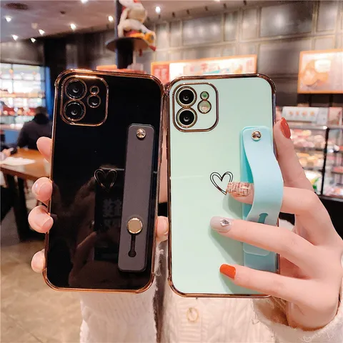 Electroplated Heart Phone Case With Wristband Stand Holder Silicone Shockproof Back Cover Protection For iPhone Series