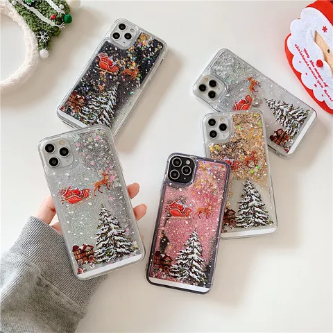 Funda de Móvil de Arena Movediza de Navidad Papá Noel Árbol de Navidad Para iPhone 16 15 14 13 12 11 Pro Max Cubierta de TPU con Brillo Líquido