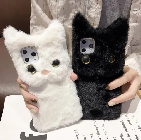 Cute Cat Plush Phone Case Soft Fluffy Back Cover Shockproof Protective Shell Decorative Phone Case for iPhone 15 14 13 Pro Max