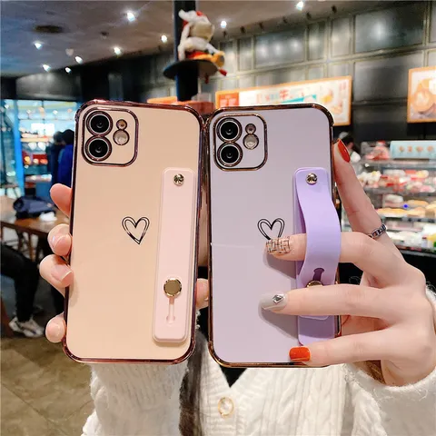 Electroplated Heart Phone Case With Wristband Stand Holder Silicone Shockproof Back Cover Protection For iPhone Series