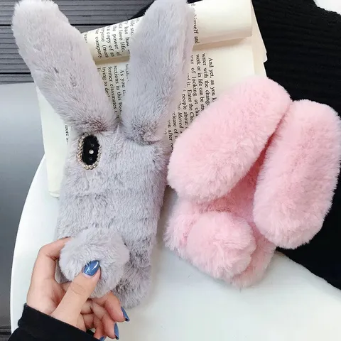 Linda Funda de Teléfono de Felpa Peluda con Orejas de Conejo Cubierta Trasera de Silicona Cálido Protector de Invierno Suave Borde de Lente de Strass