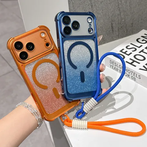 Coque de Téléphone en Silicone Magnétique Paillettes Avec Cordon Résistante aux Chutes Housse de Protection Minimaliste