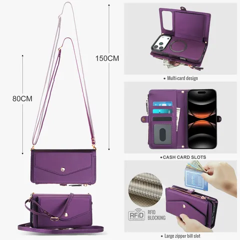 Business Magnetic Leather Wallet Case Multi-Functional Zipper Card Slots Flip Purse Cover With Crossbody Strap For Apple iPhone