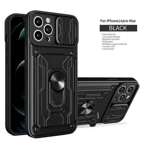 Funda de Teléfono de Armadura Anticaída Con Protección de Lente Deslizante Soporte de Anillo Magnético Para iPhone 17 16 15 14 13 Pro Max Carcasa de TPU PC