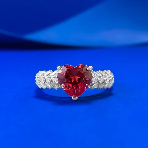 925 Sterlingsilber Herzform Sonnenuntergang Rot Laborgezüchteter Saphir Ring Für Damen Luxus Eingelegter Strass Verlobung Hochzeit Schmuck
