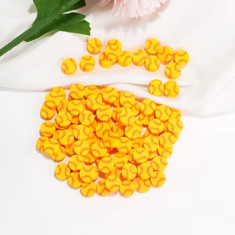 Yellow Baseball Pattern Polymer Clay Loose Beads Flat Round Disc Sport Theme Handmade Craft Beads For DIY Bracelet Necklace Jewelry Making