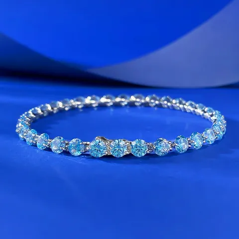 Bracciale Tennis in Argento Sterling 925 Blu Mare Chiaro con Strass per Donna Elegante Bracciale a Catena con Diamanti Fluttuanti