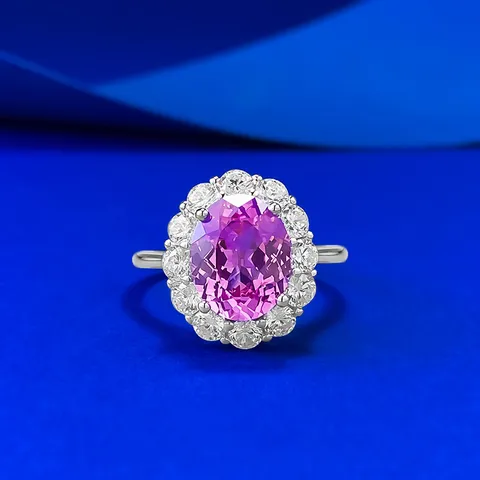 Anello Halo Ovale in Argento Sterling 925 Zaffiro Rosa Creato in Laboratorio per Donna Gioielli Eleganti con Strass Intarsiati