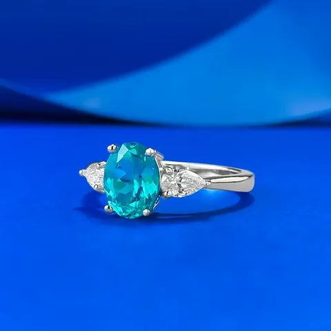 Luxe 925 Sterling Zilver In het Laboratorium Gemaakte Paraiba Ring Voor Dames Klassieke Drie Stenen Ovaal Paraiba Blauw Sieraden