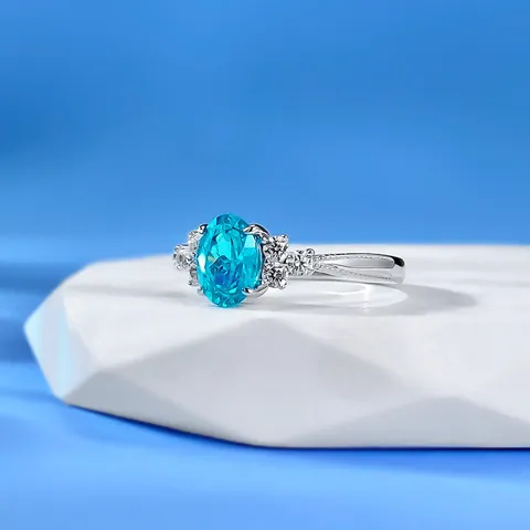 S925 Sterling Zilver Paraiba Blauwe Ring Ovaal Geslepen Edelsteen Kraalrand Ingelegde Strass Ring Voor Vrouwen Sieraden