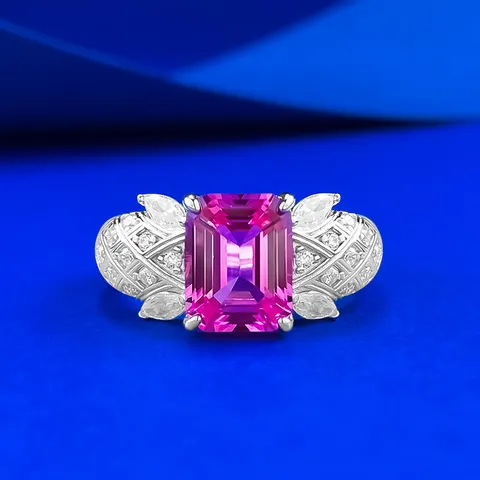 925 Sterling Silver Lab-Grown Pink Sapphire Ring For Women Rectangular Cut Carved Grid Design Fashion Jewelry Light Luxury Ring