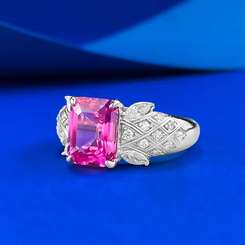 925 Sterling Silver Lab-Grown Pink Sapphire Ring For Women Rectangular Cut Carved Grid Design Fashion Jewelry Light Luxury Ring