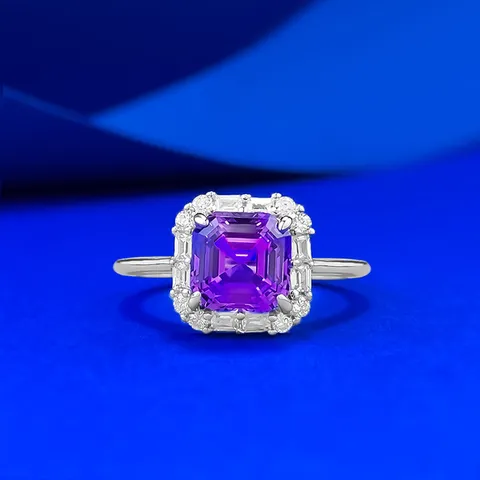 Lussuoso Anello in Argento Sterling S925 Viola Reale Taglio Asscher per Donna Zaffiro Sintetico Strass Intarsiato Elegante Anello Gioielli