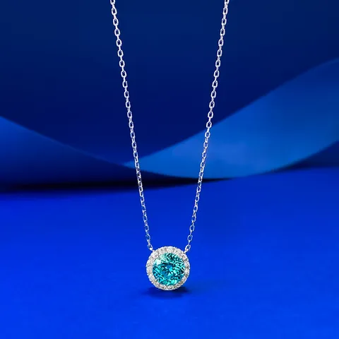Collier Pendentif en Argent Sterling 925 Couleur Paraiba Pierre de Laboratoire pour Femme Élégant Classique Rond Strass Bijoux