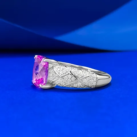 S925 Sterling Silver Lab-Created Pink Sapphire Ring Vintage Lattice Quilted Design Cushion Cut Finger Ring For Women Luxury Jewelry Gift