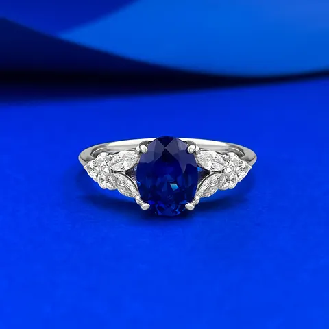 S925 Sterling Silver Lab-Grown Royal Blue Sapphire Oval Ring For Women Elegant Wing Design Jewelry Gift Party Banquet Wedding