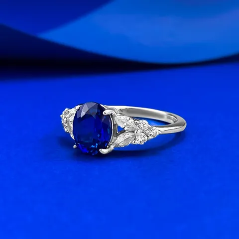 S925 Sterling Silver Lab-Grown Royal Blue Sapphire Oval Ring For Women Elegant Wing Design Jewelry Gift Party Banquet Wedding
