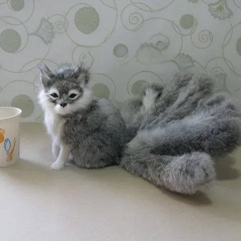 Simulation Nine-Tail Fox Figurine Handmade Rabbit Fur Animal Statue Cute Desktop Ornament Home Decor Gift