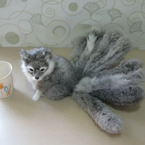 Simulation Nine-Tail Fox Figurine Handmade Rabbit Fur Animal Statue Cute Desktop Ornament Home Decor Gift