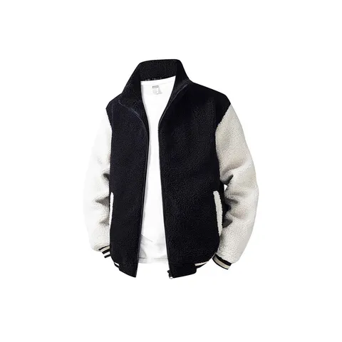 Men's Winter Fleece Lambswool Casual Jacket Stand Collar Full Zip Colorblock Loose Fit Warm Outerwear Coat For Men