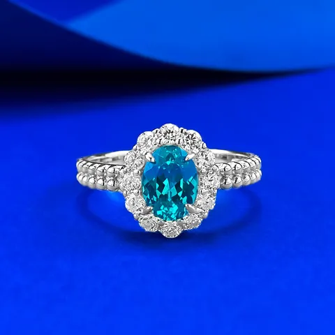 925 Sterling Silver Oval Halo Ring For Women Lab-Grown Blue Green Gemstone Double-Row Milgrain Design Finger Ring Jewelry