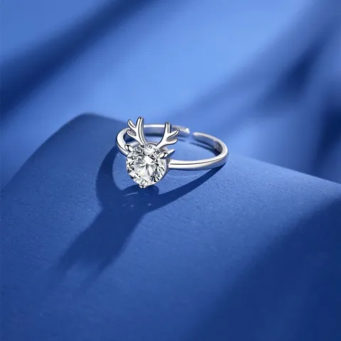 Silver Plated Copper Rhinestone Open Ring Trendy Personality Antler Jewelry For Christmas New Year Women Adjustable Finger Ring Gift