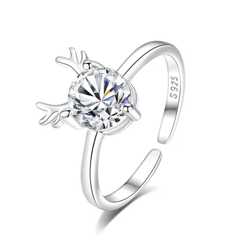 Silver Plated Copper Rhinestone Open Ring Trendy Personality Antler Jewelry For Christmas New Year Women Adjustable Finger Ring Gift