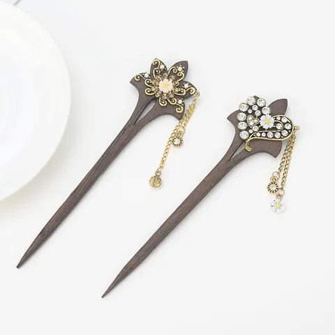 Vintage Wooden Hair Stick With Metal Tassel Rhinestone Floral Design Ethnic Retro Hair Fork Jewelry Gift