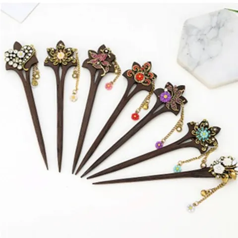 Vintage Wooden Hair Stick With Metal Tassel Rhinestone Floral Design Ethnic Retro Hair Fork Jewelry Gift