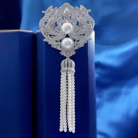 Luxe S925 Sterling Zilver Feniks Parel Tassel Brosche Strass Ingelegde Elegante Vrouwen Banket Feest Sieraden Cadeau