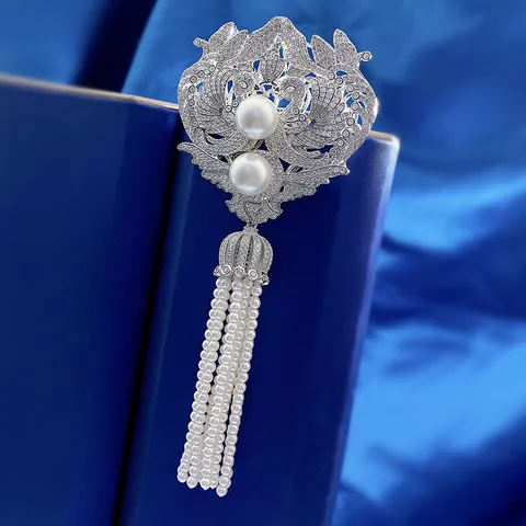 Luxe S925 Sterling Zilver Feniks Parel Tassel Brosche Strass Ingelegde Elegante Vrouwen Banket Feest Sieraden Cadeau
