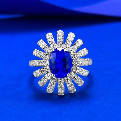 Vintage 925 Sterling Silver Oval Lab-Grown Cobalt Blue Gemstone Ring For Women Pave Rhinestone Flower Sun Ring Jewelry