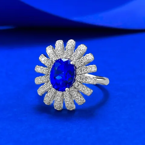 Vintage 925 Sterling Silver Oval Lab-Grown Cobalt Blue Gemstone Ring For Women Pave Rhinestone Flower Sun Ring Jewelry