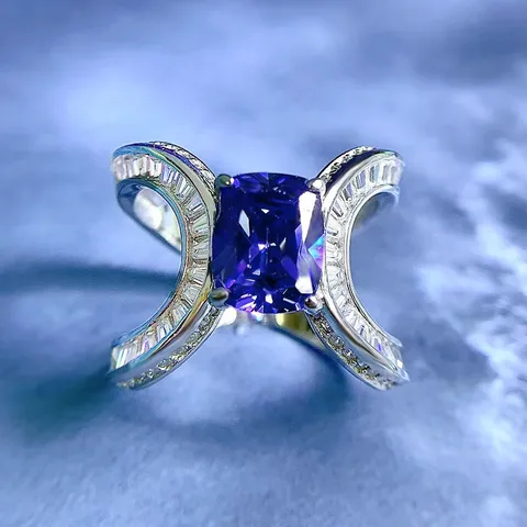 Anello in Argento 925 con Strass Blu Tanzanite Taglio Cuscino per Donna Anello Aperto Fiore di Ghiaccio Quadrato Gioielli