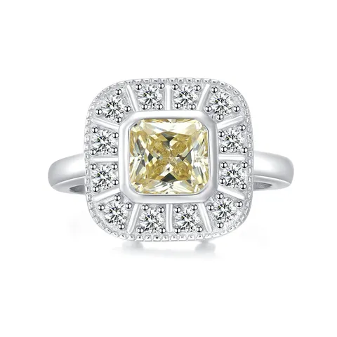 925 Sterling Silver Square Zirconia Ring For Women Luxurious Simulated Yellow Pink Diamond Engagement Halo Finger Ring Jewelry