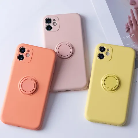 Funda de Silicona Líquida Para Teléfono Con Soporte de Anillo Cordón Funda Protectora Antigolpes Para iPhone