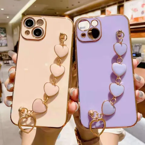 Funda de Teléfono Galvanizada de Moda Con Correa de Pulsera de Corazón Funda Trasera Protectora Anti-Caídas para Serie iPhone