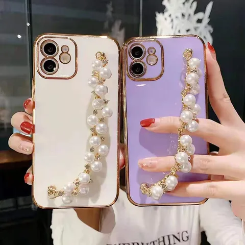 Electroplated Protective Phone Case With Artificial Pearl Bracelet Rhinestone Chain Drop Proof Soft Back Cover For iPhone