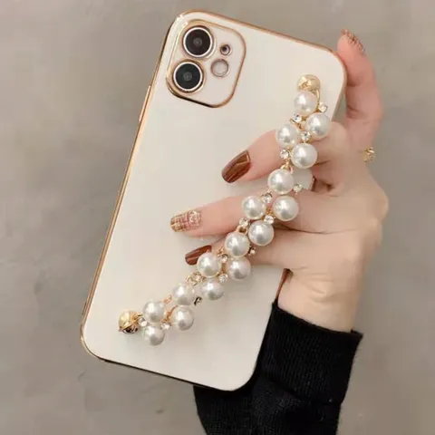 Electroplated Protective Phone Case With Artificial Pearl Bracelet Rhinestone Chain Drop Proof Soft Back Cover For iPhone