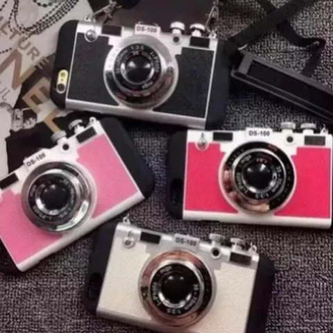 Vintage Camera Vorm TPU Telefoonhoesje Valbescherming Cover Met Koord Voor iPhone Serie Zwart Hoesje