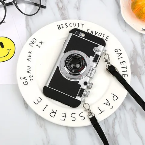 Vintage Camera Vorm TPU Telefoonhoesje Valbescherming Cover Met Koord Voor iPhone Serie Zwart Hoesje