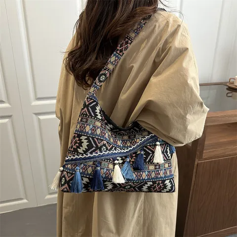 Ethnic Style Canvas Shoulder Bag Women Large Capacity Tassel Tote Handbag
