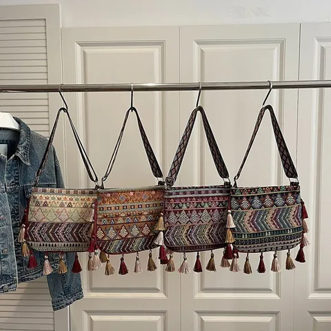 Bohemian Ethnic Style Tassel Cotton Linen Tote Bag Large Capacity Embroidered Shoulder Crossbody Bag For Women