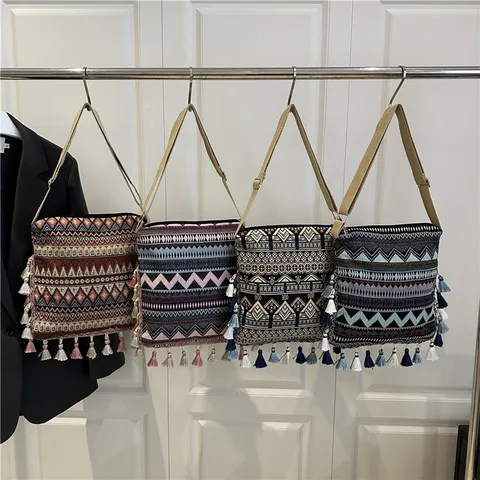 Ethnic Style Cotton Linen Tote Bag Retro Geometric Pattern Tassel Shoulder Bag Women Casual Crossbody Bag