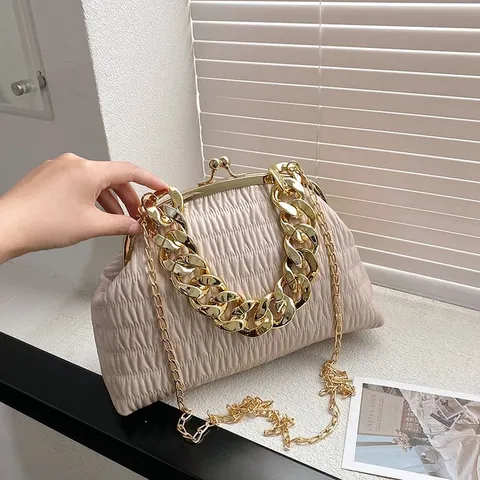 Korean Fashion Ruched PU Shoulder Bag For Women Chunky Gold Chain Handle Kiss Lock Clasp Crossbody Handbag Commuter Satchel