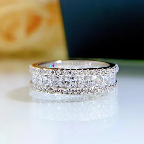 Anello de Eternidad Con Diamantes de Imitación de Plata de Moda Anillo de Banda Geométrica Corte Princesa Para Mujer